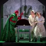 The Scoop Stage scene: a witch in a green robe and red hood points at two costumed villagers by a wooden table and cauldron in a gray kitchen set.